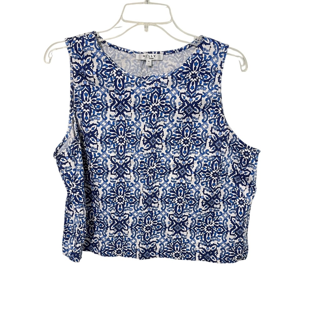 Milly Tank Top Women XL Blue White Tile Print Sleeveless Shell Blouse MYSO3623